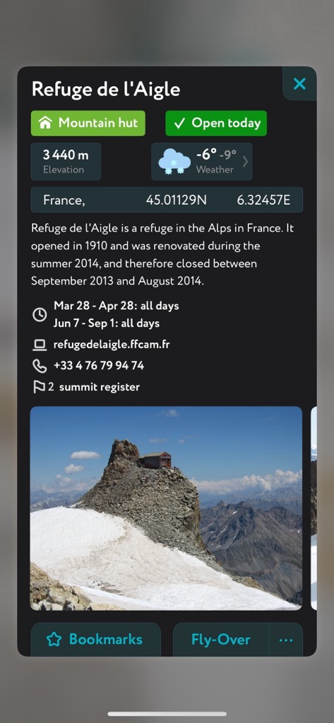 All the information you need for your next adventure on the Aigle is right on the PeakVisor app. Refuge d’Aigle