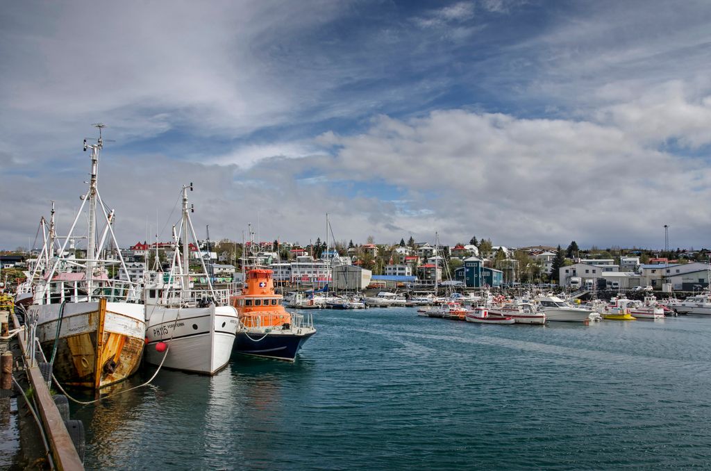 Hafnarfjörður’s harbor with the town in the background. Reykjanesfolkvangur