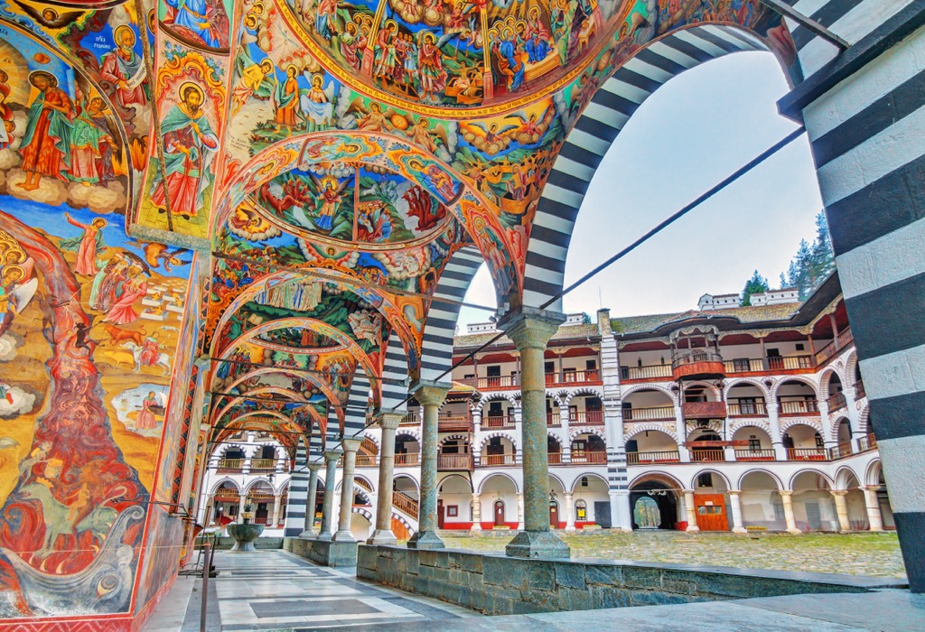 Vibrant and meticulous decorations adorn most surfaces of this massive monastery. Rila Monastery