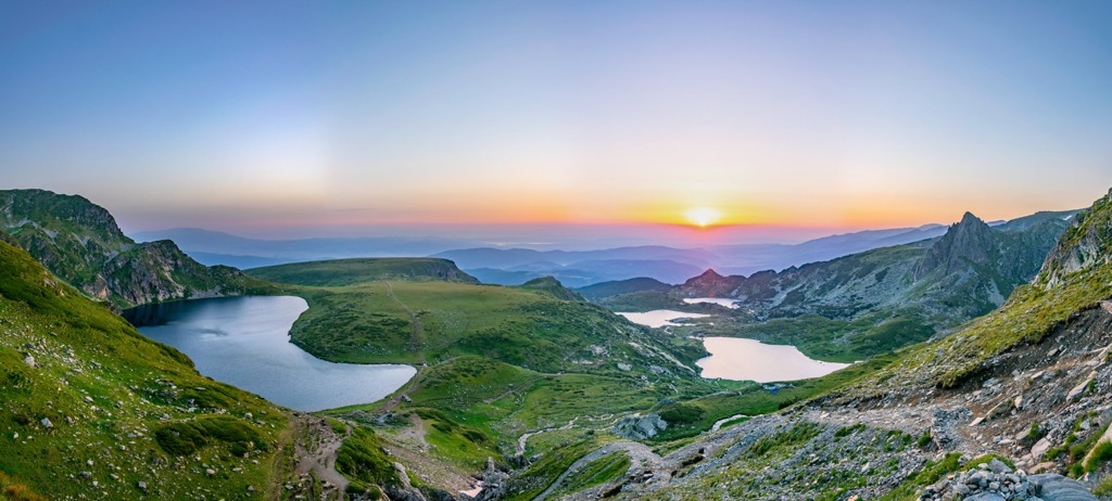 The Seven Rila Lakes at sunrise. Rila Monastery