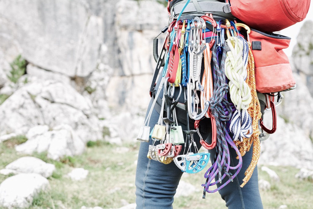 Multi-pitch trad climbing requires lots of gear. Rock Climbing