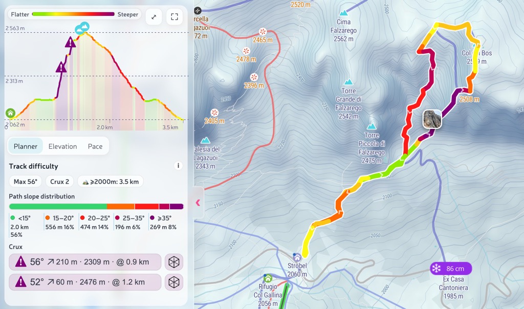 Planner mode with slope-based color segmentation on the map and profile.