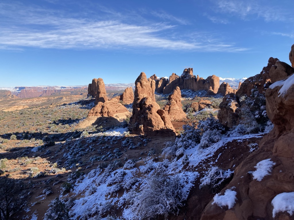 Utah’s geology is famously strange. Sandstone towers in Arches National Park, viewed in winter. Photo: Conrad Lucas. Salt Lake County