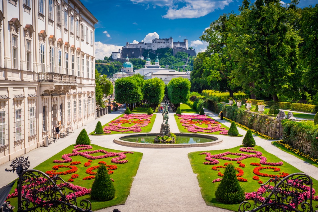 The Mirabell Palace and gardens with the Hohensalzburg Fortress in the background. Salzkammergut Upper Austria