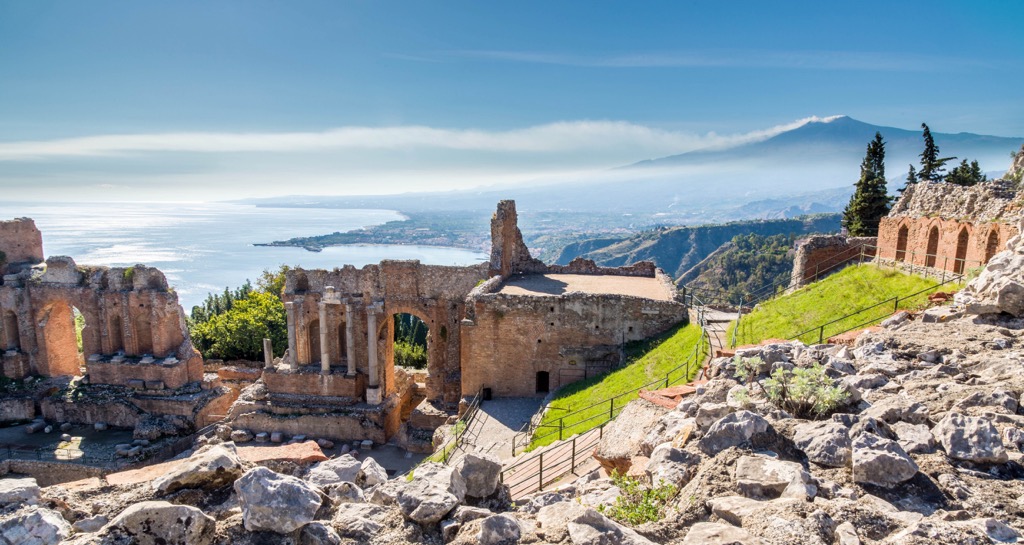 Ruins of the ancient greek theater of Taormina, Sicily, Italy