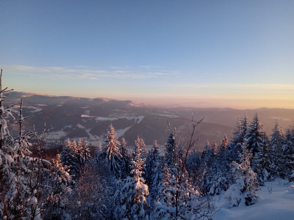 Snowy forests atop Skrzyczne. Silesian Beskids Landscape Park