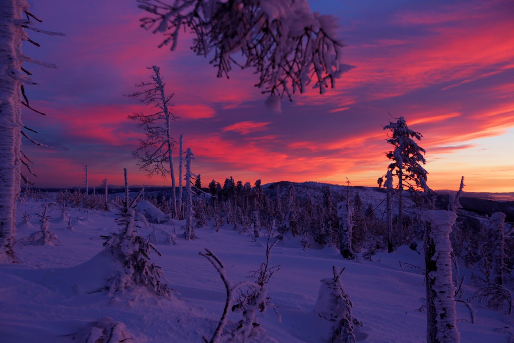 Sunset in the snowy Silesian Beskids. Silesian Beskids Landscape Park