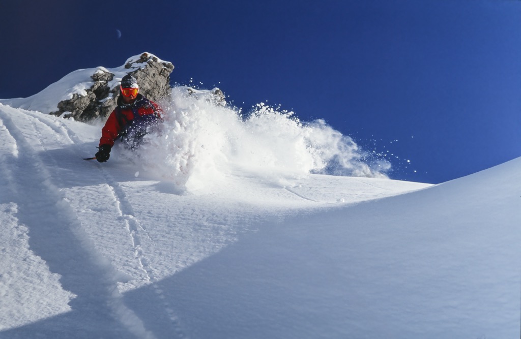 Powder skiing in St. Anton, one of the snowiest resorts in the Alps. Ski Arlberg