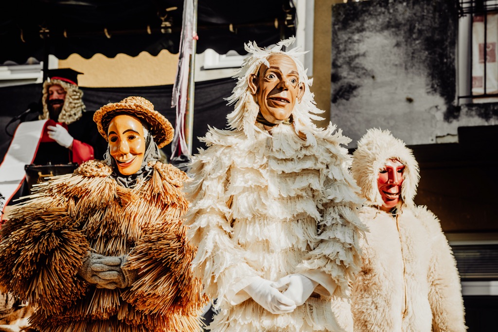 Traditional wooden masks worn during the spring carnival in Cerkno, Slovenia. Slovene Prealps