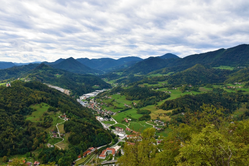 An aerial photograph showing extensive deforestation, the result of thousands of years of agricultural subsistence in the region. Slovene Prealps