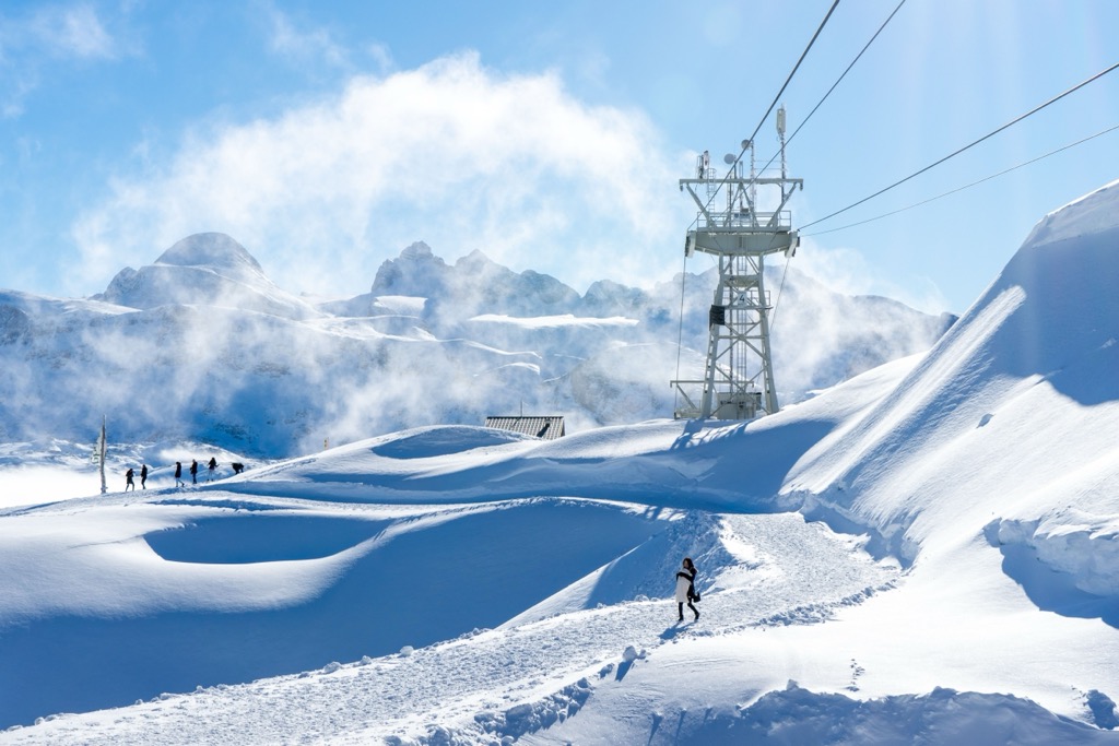 Pedestrians exploring the top station of the Krippenstein Cable Car, with the Dachstein Massif in the background. Although technically just north of the Styria border, it’s easy to ski tour from Krippenstein to Dachstein, making for an excellent state-to-state adventure. Styria