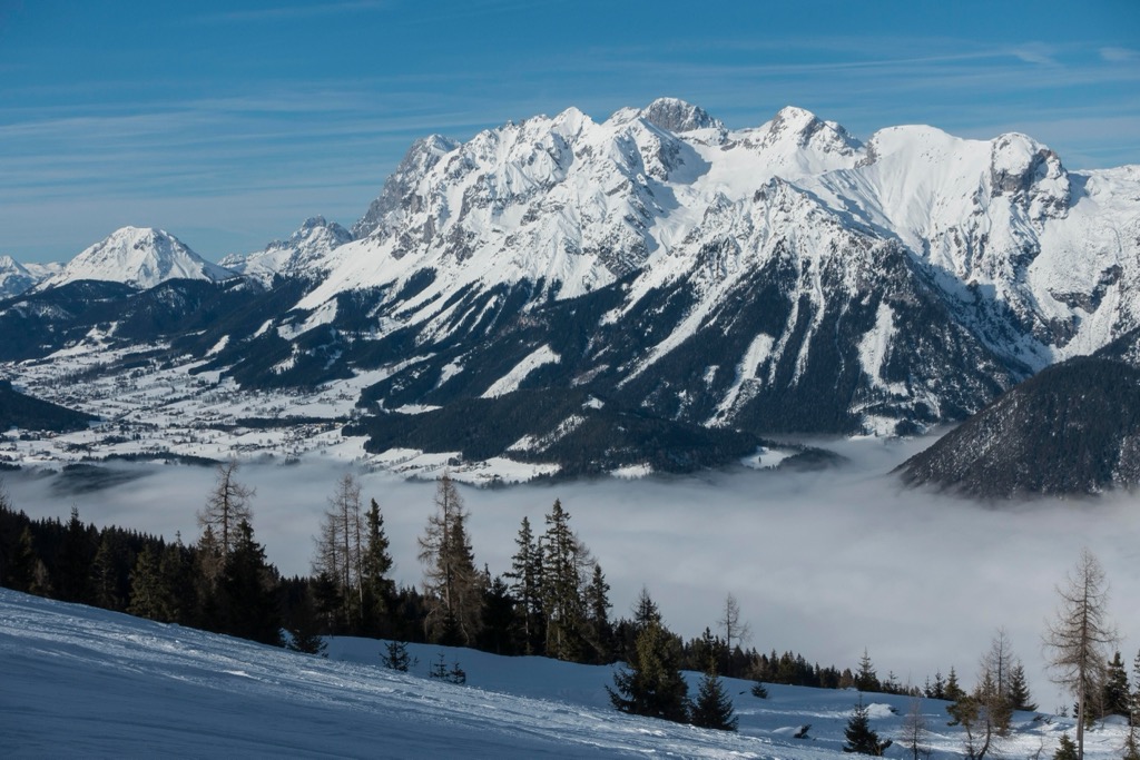 The view of the Dachstein Massif from the Hauser Kaibling Ski Area. Styria