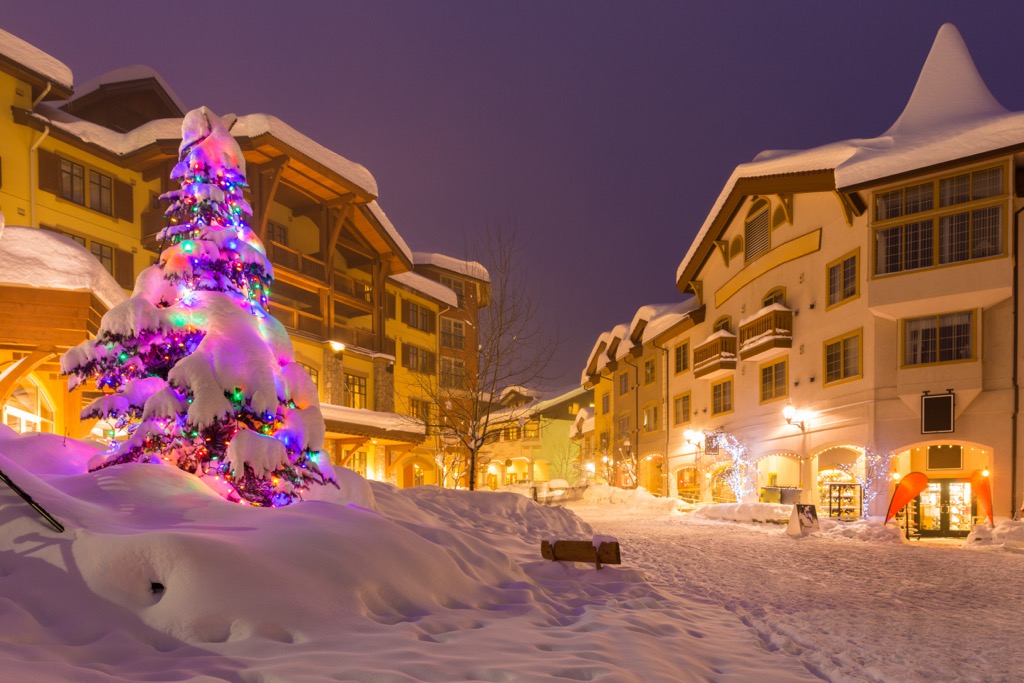 The Sun Peaks Village with a healthy topping of snow. Sun Peaks Ski Resort 