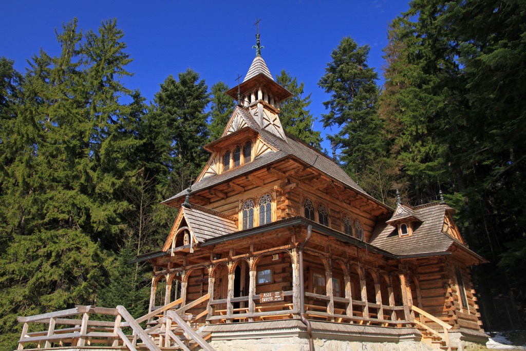 A traditional church in Zakopane is an example of its unique wooden architecture. Tatra National Park