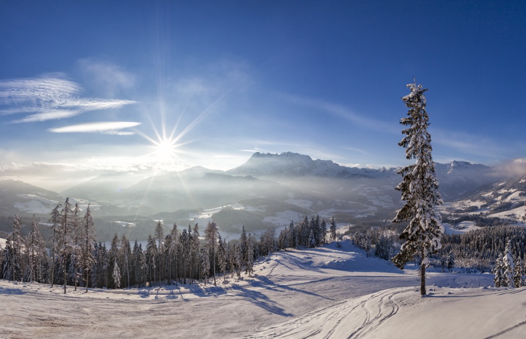 The Skigebiet Werfenweng just before sunset. Tennengebirge Nature Reserve