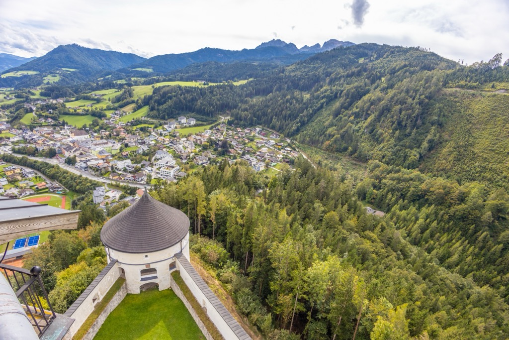 The view from Hohenwerfen Castle towards Werfen. Tennengebirge Nature Reserve
