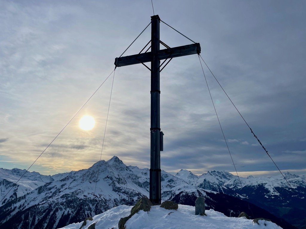 The summit cross atop Muttjöchle (2,075 m / 6,808 ft). Verwall Alps