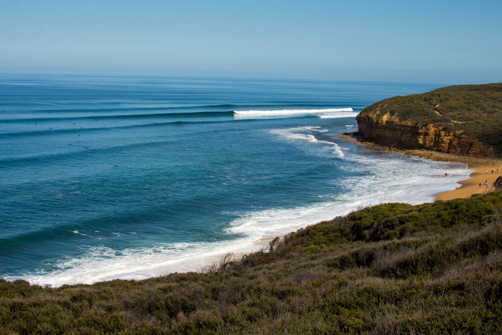 The surf’s up at Bells Beach, about midway along the Surf Coast Walk. Victoria Mountains