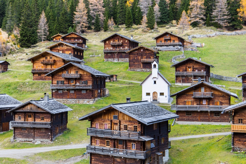 The traditional wooden farmhouses of Innervillgraten. Villgraten Mountains