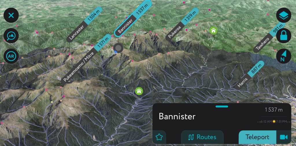 PeakVisor’s 3D mapping mobile app depicting Bannister, Wellington, New Zealand