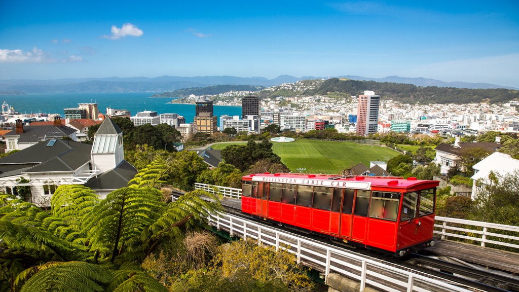The Wellington cable car with views of the city center, Wellington, New Zealand