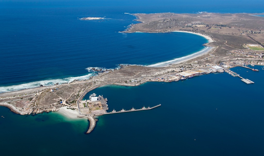 An aerial photo of Saldanha Bay, South Africa, a popular beach destination in the West Coast District Municipality. West Coast