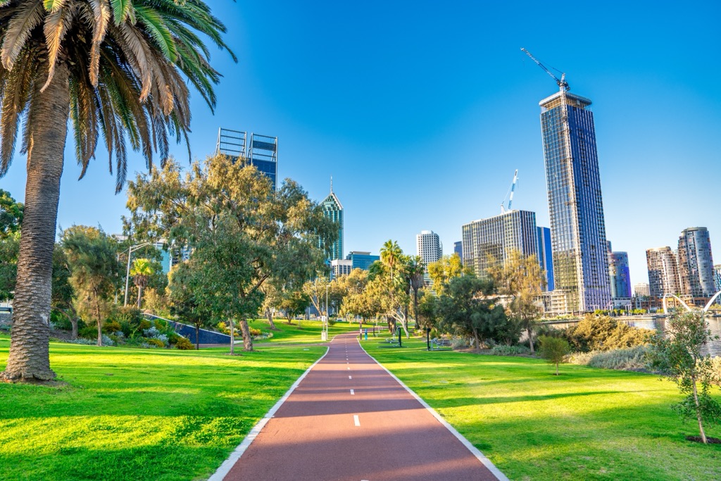 Perth skyline and urban greenery in David Carr Memorial Park. Western Australia 