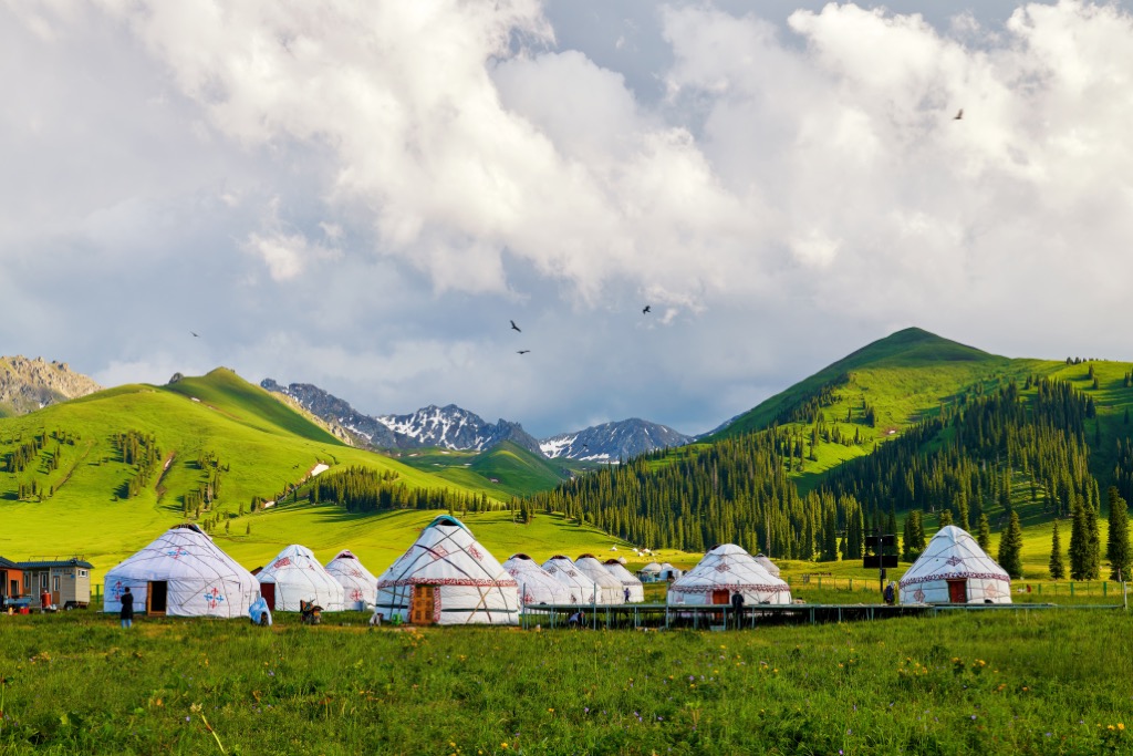 Mongolia yurts in the summer meadows in Nalati , Xinjiang, China