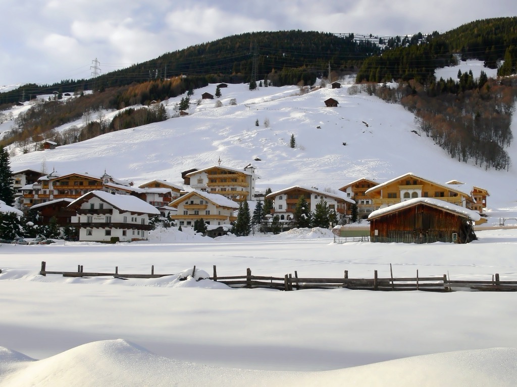 The view of Gerlos from the ski lift station after heavy snowfall. Zillertal Alps