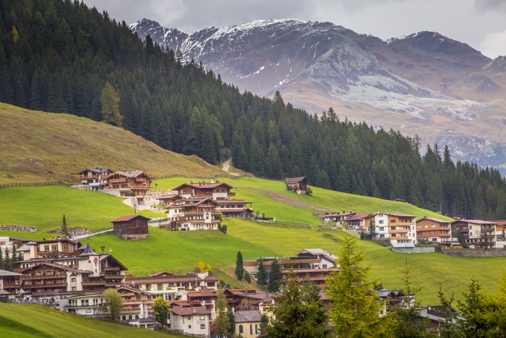 Tux village on the slopes of the Ziller Valley. Zillertal Alps