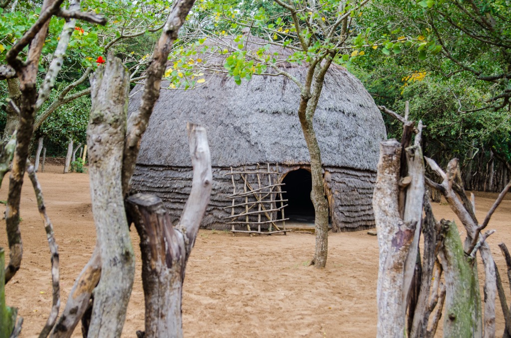 A traditional Zulu hut surrounded by a wooden fence, known collectively as a Kraal. Zululand District Municipality