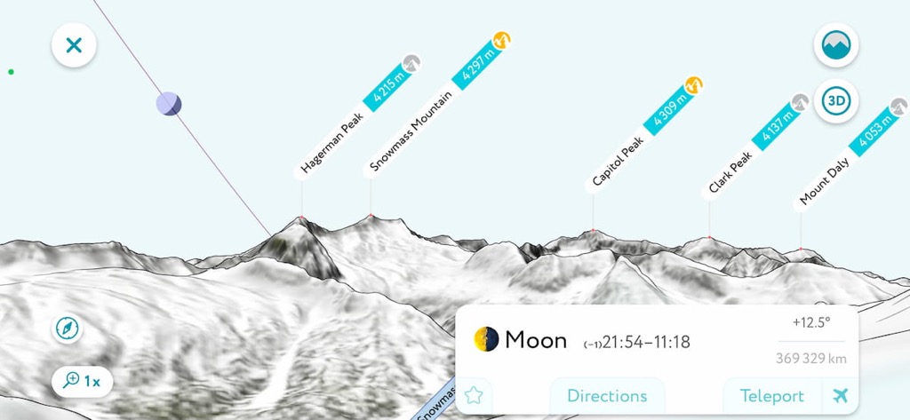 Panorama 3D di PeakVisor con la traiettoria della Luna sopra la cresta e gli orari di alba e tramonto lunare