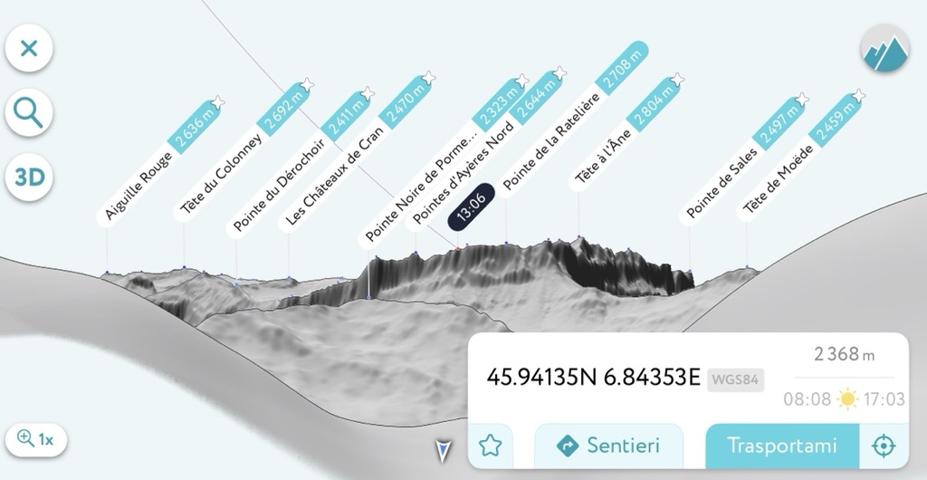 Modalità Virtuale di PeakVisor: panorama 3D dal punto scelto con i nomi di tutte le cime
