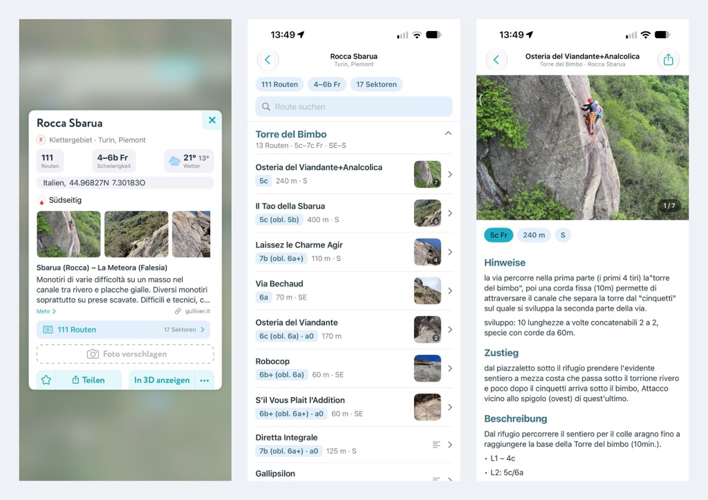 Three iPhone screens: the crag card for Rocca Sbarua, its route list by sector, and one route with photos and description