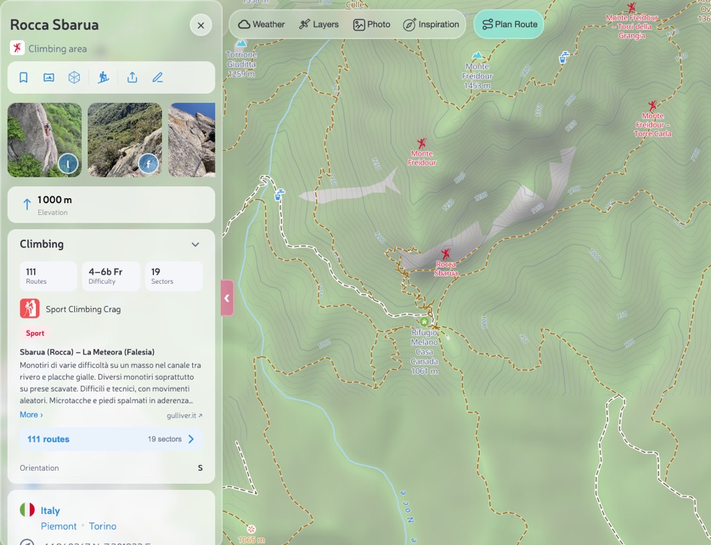 The PeakVisor hiking map with the Rocca Sbarua sidebar open: 111 routes, French grades 4 to 6b, 19 sectors
