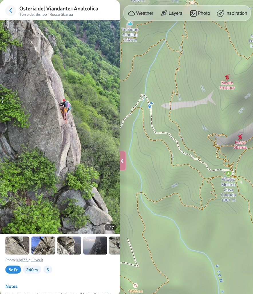 One route of Rocca Sbarua with its photo, grade, length and Italian description
