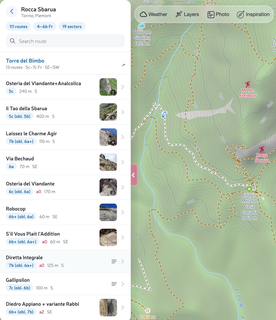 The route list of Rocca Sbarua open over the map, grouped by sector