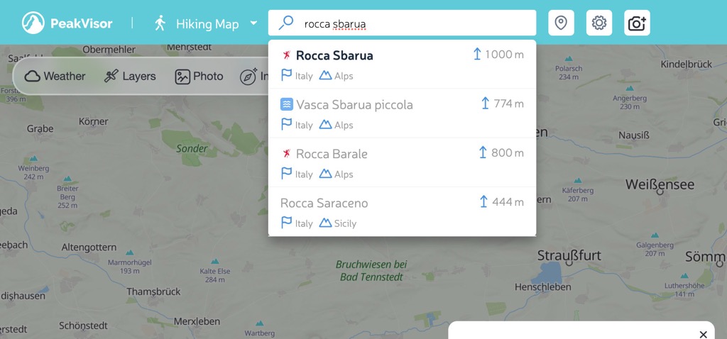 Searching for Rocca Sbarua in the PeakVisor search box