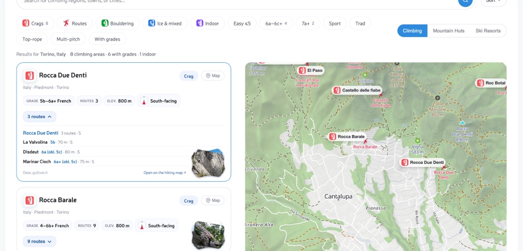 The climbing search page for Torino with cards, compass roses and an opened route list