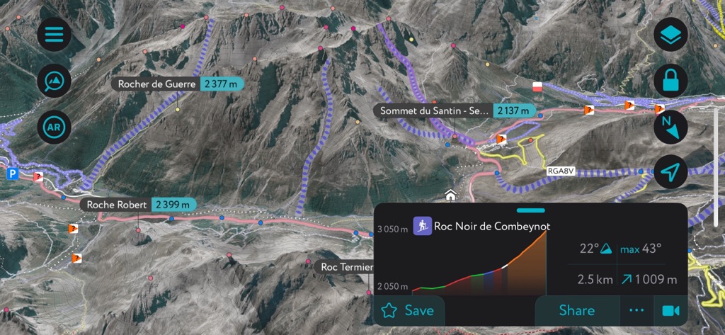 The couloir Orient Express, as well as the other routes on the Combeynot Massif, on PeakVisor’s mobile app.