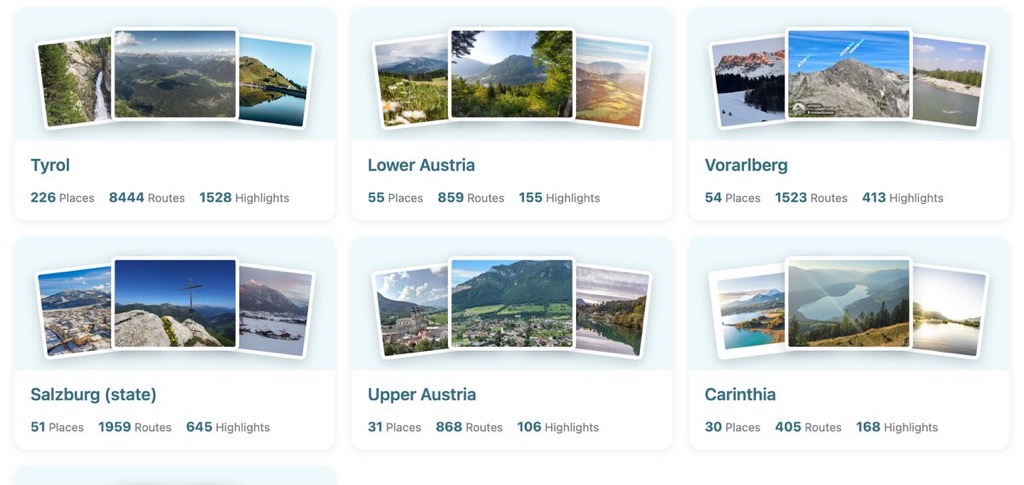 The Austria catalogue page: a card per region with a fan of photographs, the number of places, routes and highlights.