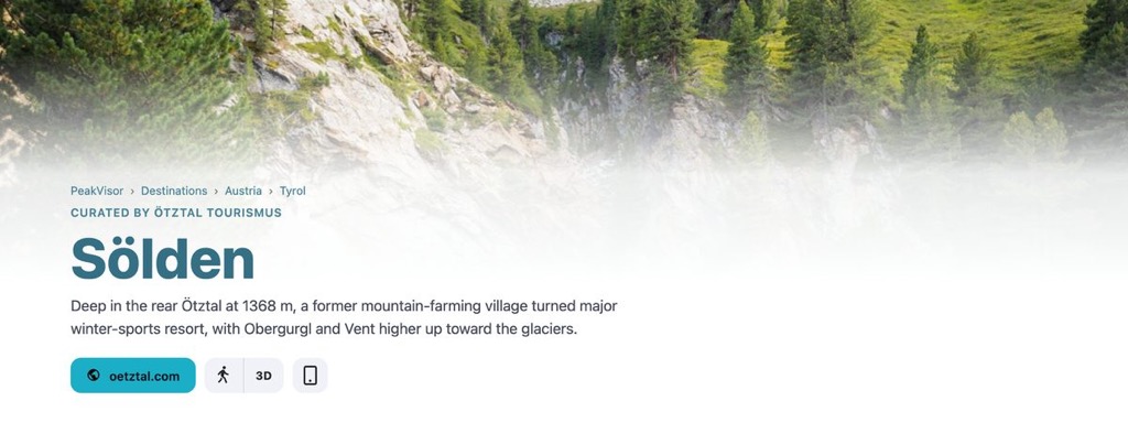The PeakVisor destination page for Sölden: breadcrumbs, the name, a short description of the place, and links to the tourist board and the 3D map.
