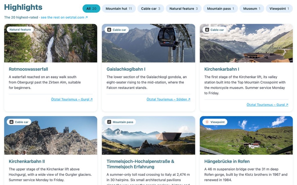 The Highlights section of a destination page: category filters and cards for a waterfall, two cable cars, a mountain pass and a suspension bridge, each with a short description and a link to the tourist board.
