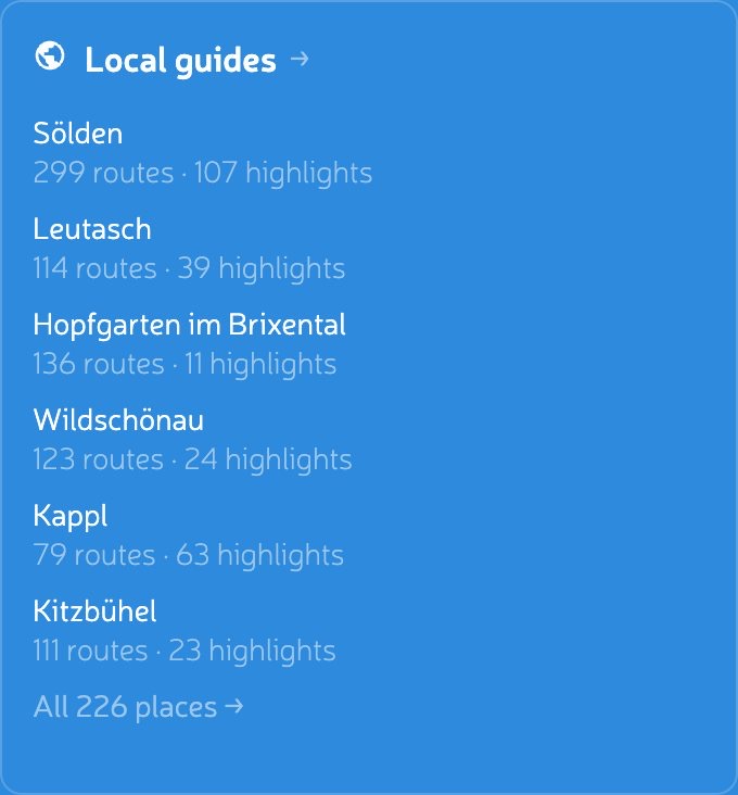 The Local guides block in the sidebar of the Tyrol region page, listing Sölden, Leutasch, Hopfgarten im Brixental, Wildschönau, Kappl and Kitzbühel with their route and highlight counts.