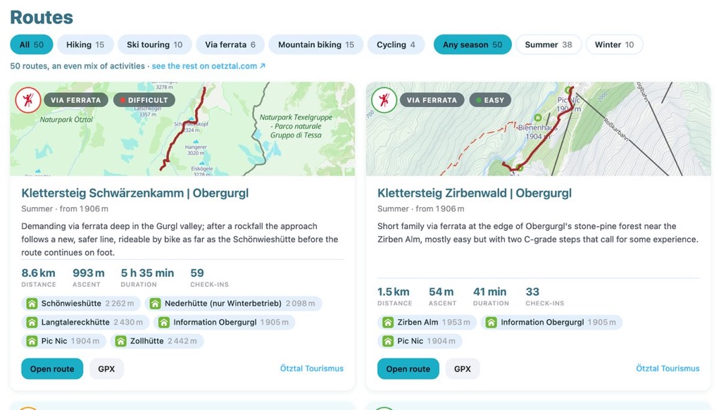 The Routes section of a destination page: activity filters and route cards showing the drawn track, distance, ascent, duration, check-ins and the huts along the way.