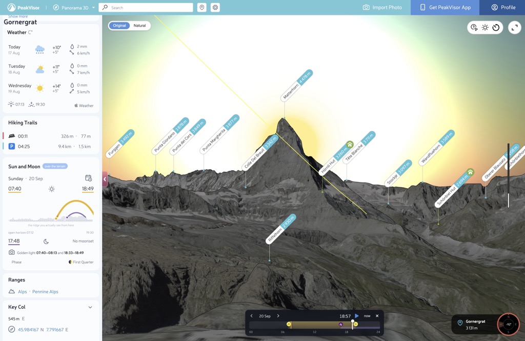 PeakVisor Panorama 3D looking from Gornergrat toward the Matterhorn on 20 September, with the Sun path crossing the summit and the terrain light panel open