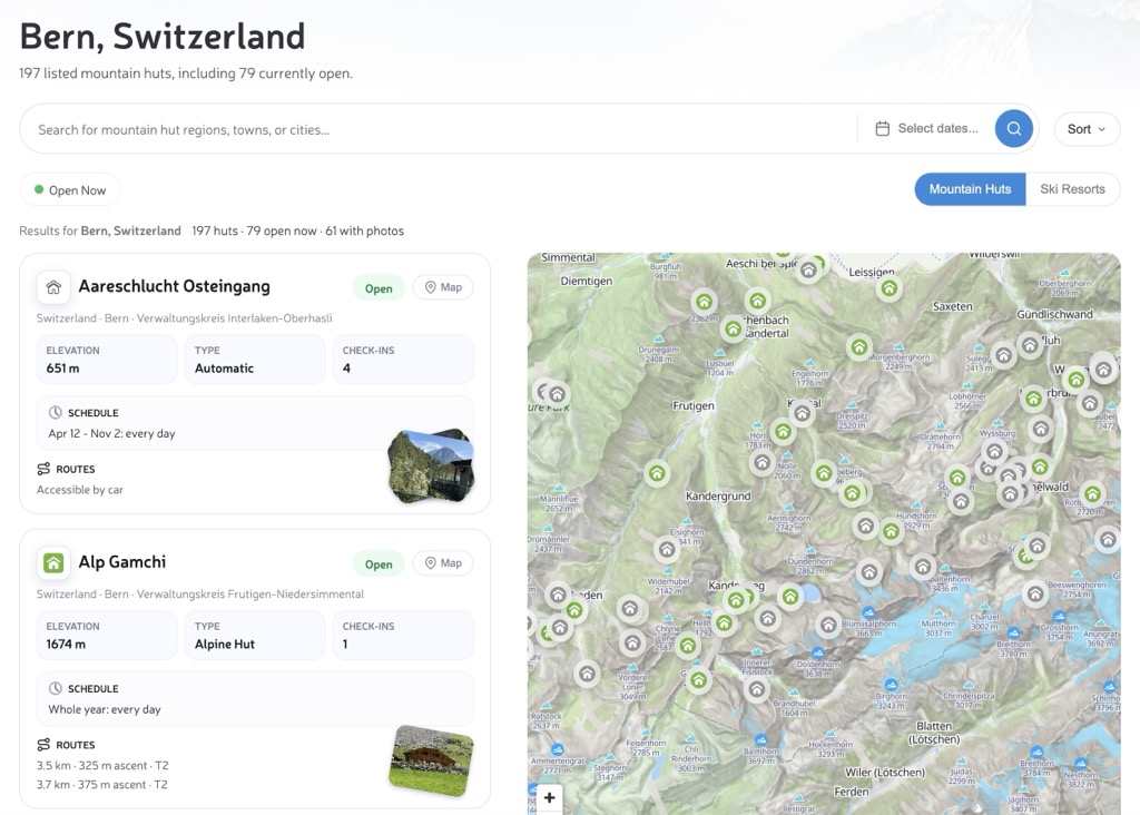 PeakVisor mountain huts region page with region heading, search, filters, hut cards, and map.