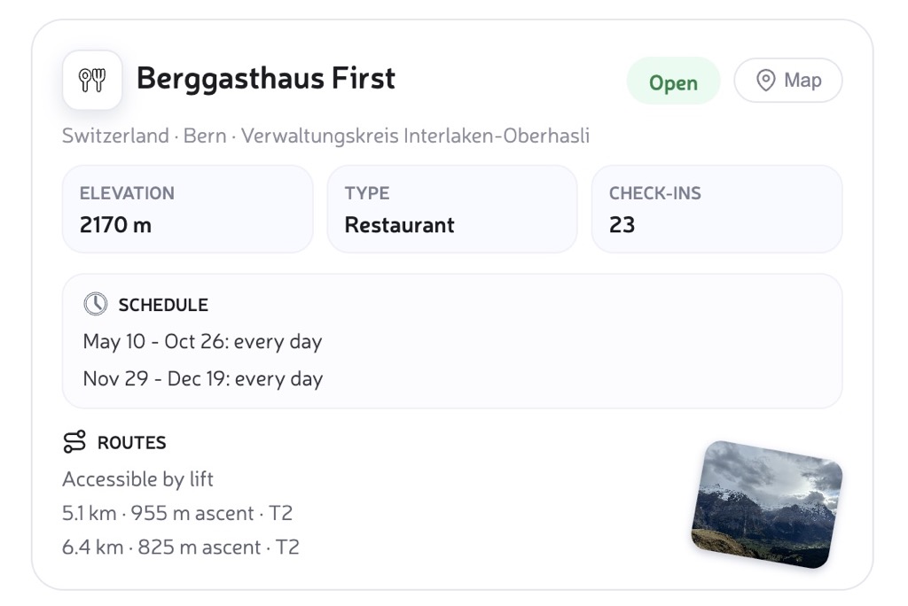 Getting Here panel for a mountain hut with route options and direct access wording.