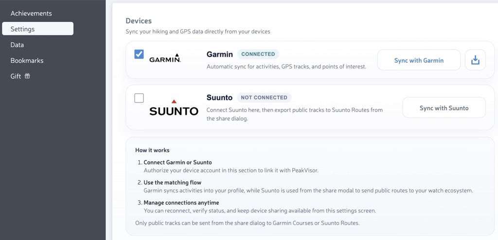 Connect Garmin and Suunto in PeakVisor Settings