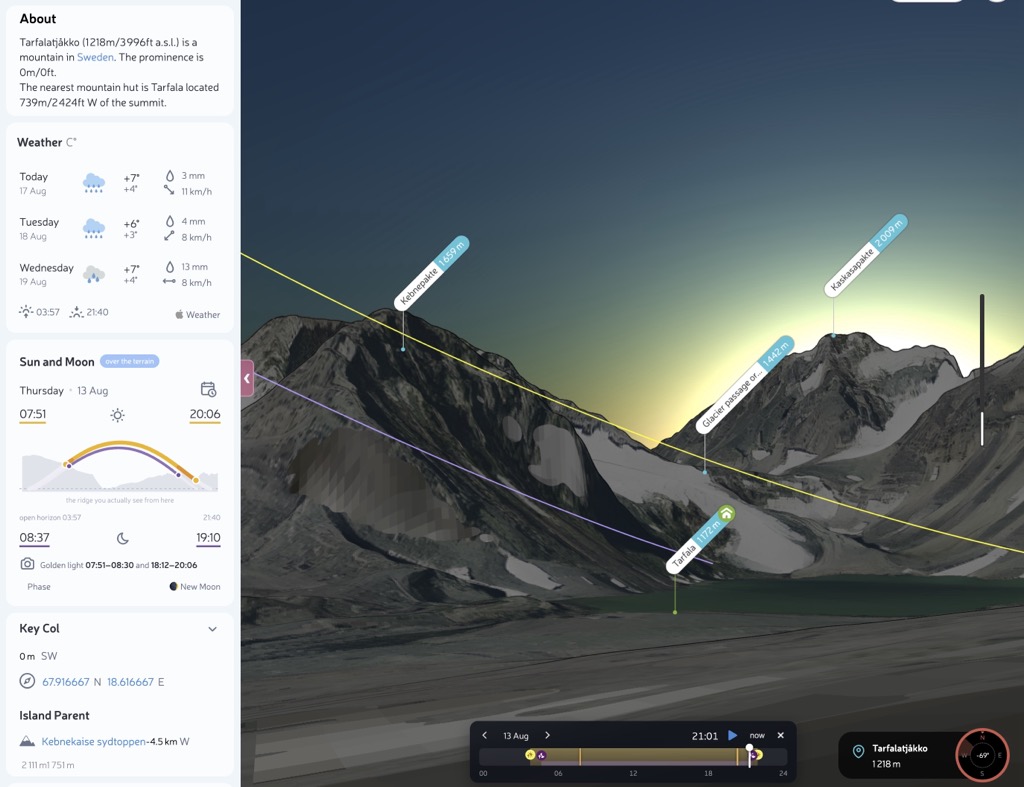 PeakVisor Panorama 3D at Tarfalatjåkko with the terrain dark at 20:06, the Sun and Moon panel open, and the time control below the panorama